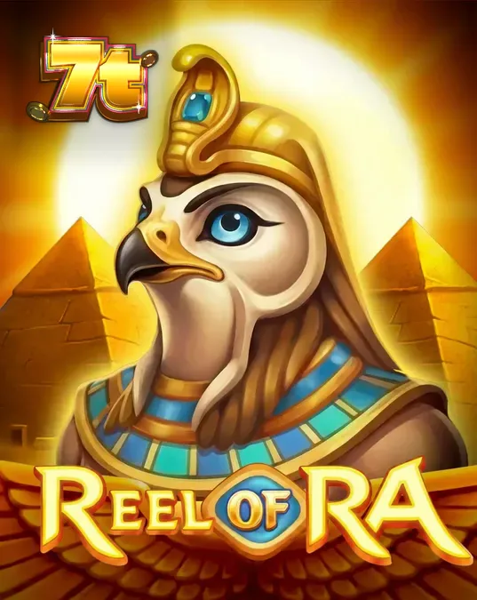 Pemandangan kuil Mesir kuno yang megah dengan simbol-simbol emas di gulungan slot Reel of Ra.